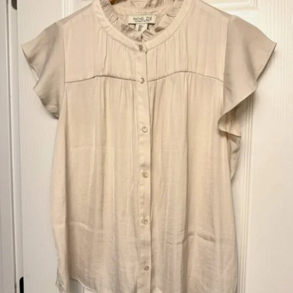Rachel Zoe Cream Ruffle Mock Neck Blouse | Small - Picture 3 of 9